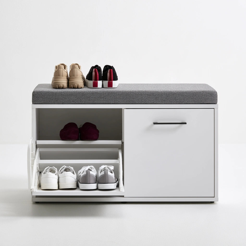 Schuhbank mit Stauraum, mit Stoffbezug, Farbe: grau und weiß